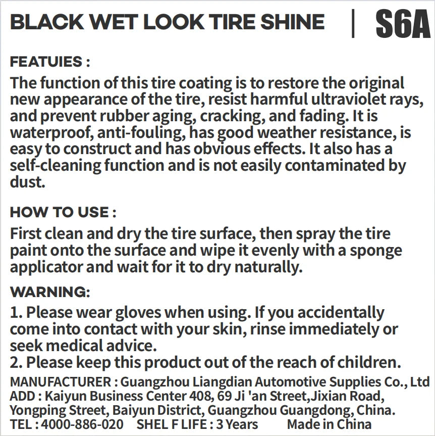 Tire Shine, Glossy Finish, UV Protection, Vinyl, Plastic