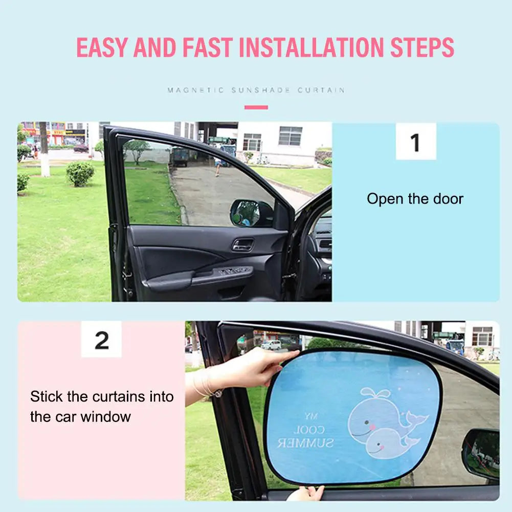 2PCS Foldable Cartoon Car Sunshade for Baby Kids, UV Protection Curtain, Universal Fit