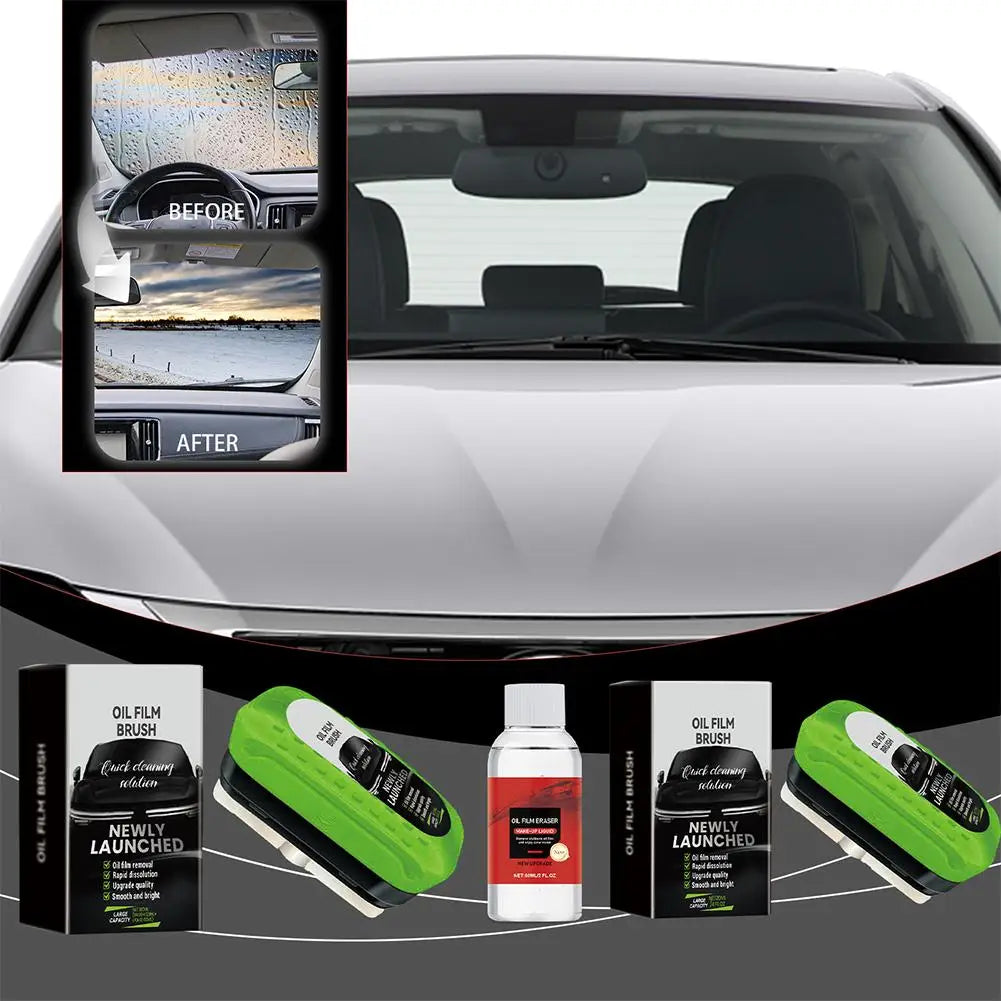 2025 Green Car Glass Oil Film Remover Kit - Powerful Windshield Cleaner & Waterproofing Brush