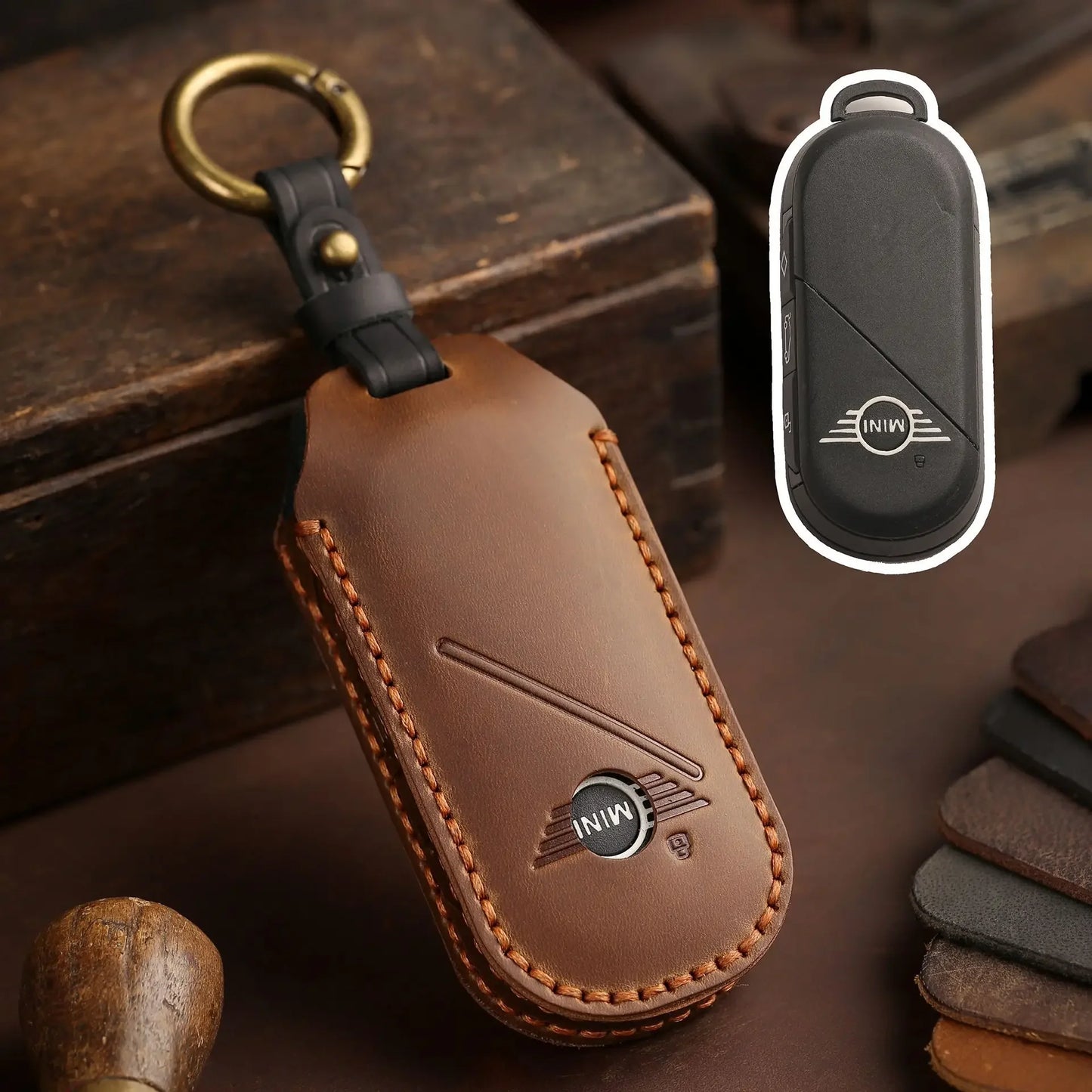 Leather Car Key Fob Cover for BMW Mini Cooper Countryman 2023-2025 – Remote Protector & Keychain