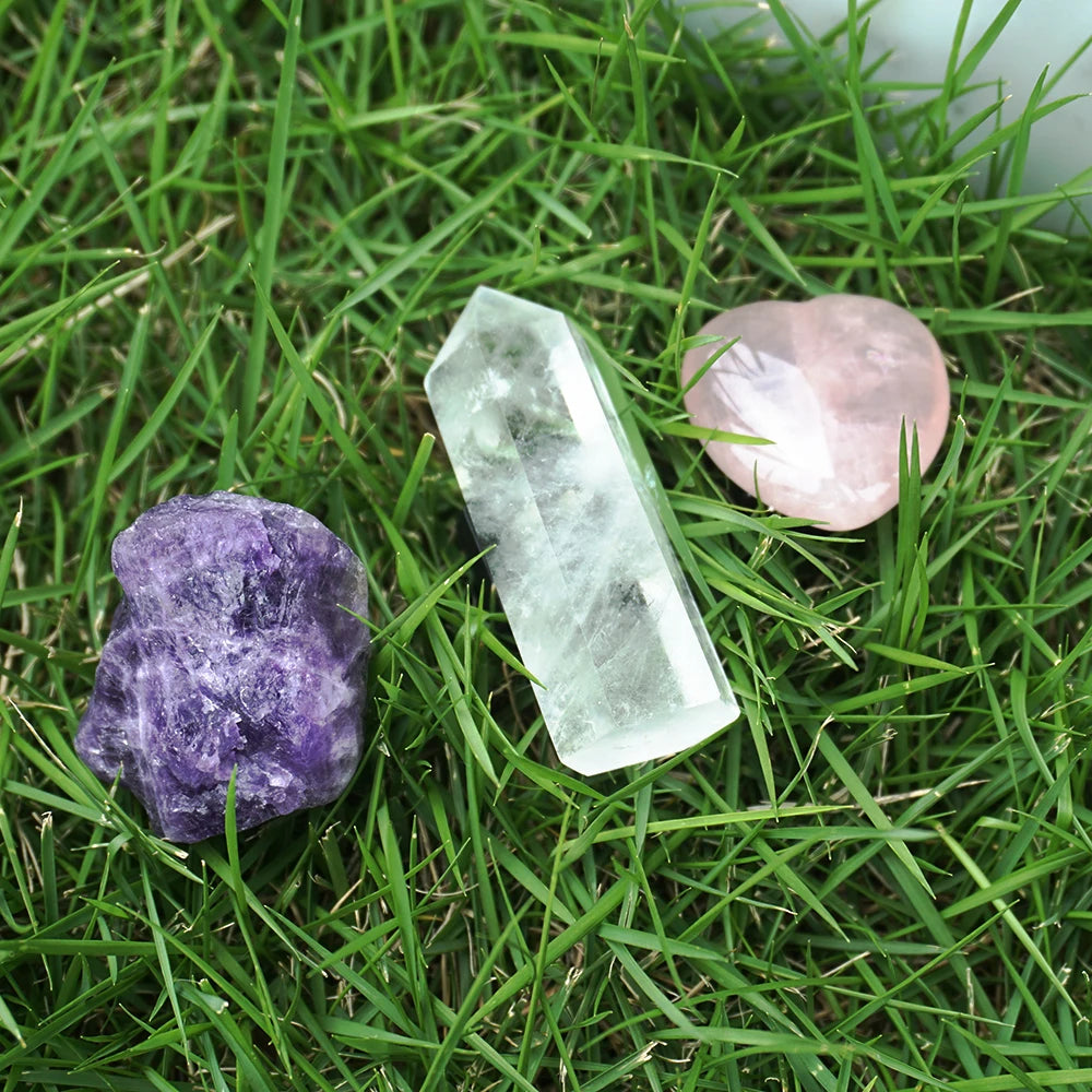 3Pcs Natural Crystal Car Air Vent Decor – Amethyst & Rose Quartz Clip Set