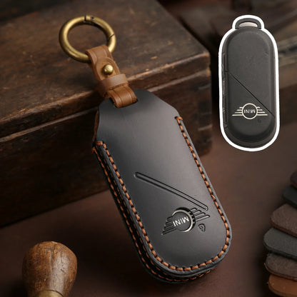 Leather Car Key Fob Cover for BMW Mini Cooper Countryman 2023-2025 – Remote Protector & Keychain