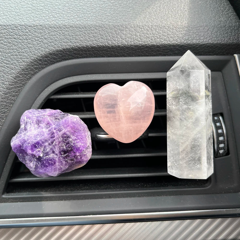 3Pcs Natural Crystal Car Air Vent Decor – Amethyst & Rose Quartz Clip Set