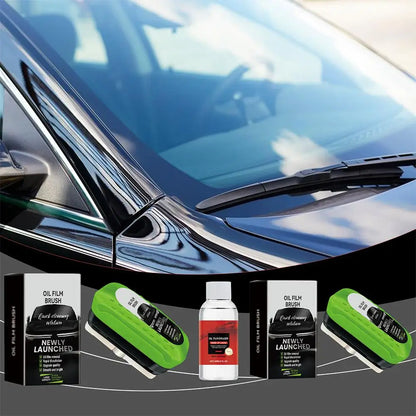 2025 Green Car Glass Oil Film Remover Kit - Powerful Windshield Cleaner & Waterproofing Brush