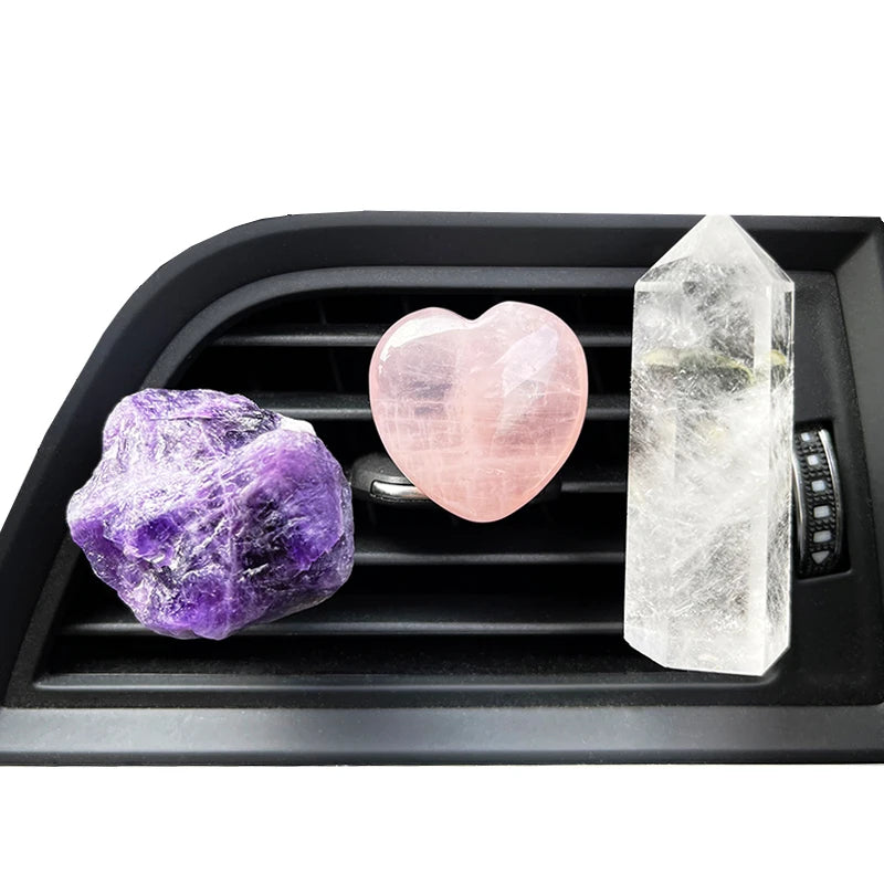 3Pcs Natural Crystal Car Air Vent Decor – Amethyst & Rose Quartz Clip Set