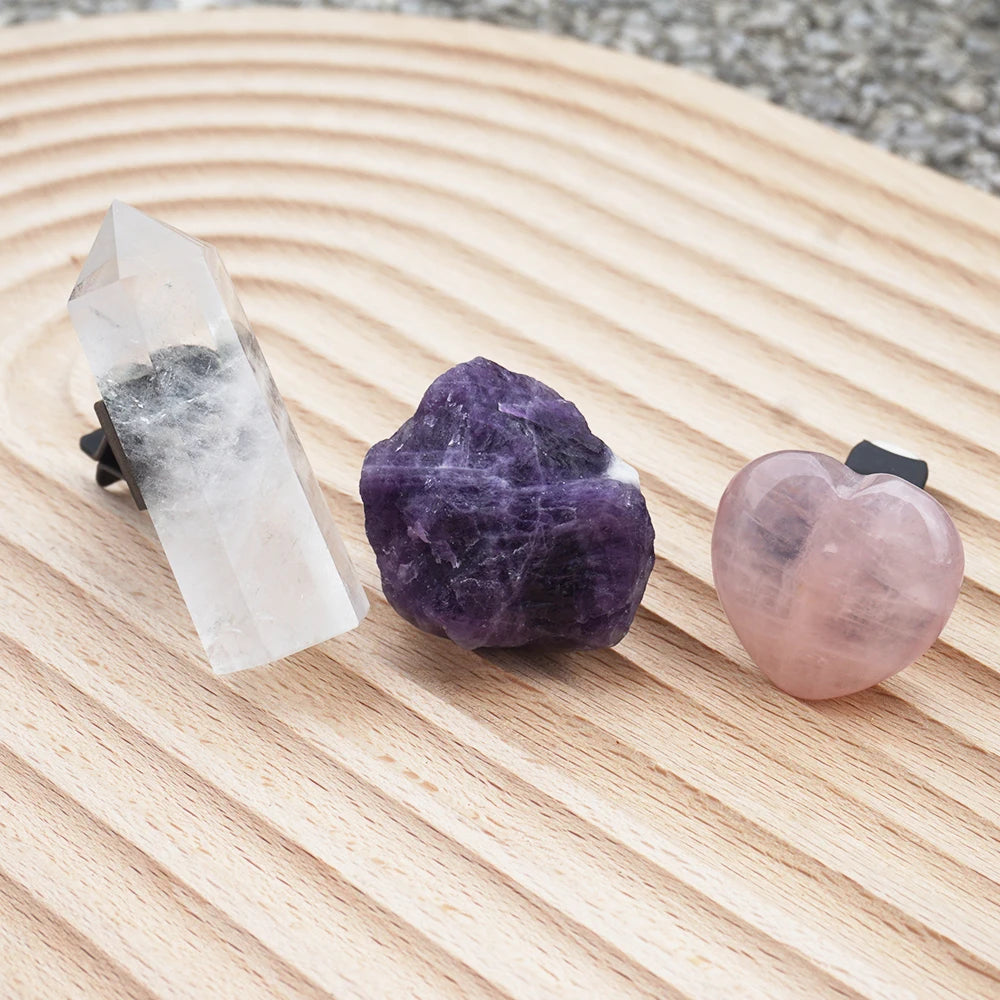 3Pcs Natural Crystal Car Air Vent Decor – Amethyst & Rose Quartz Clip Set