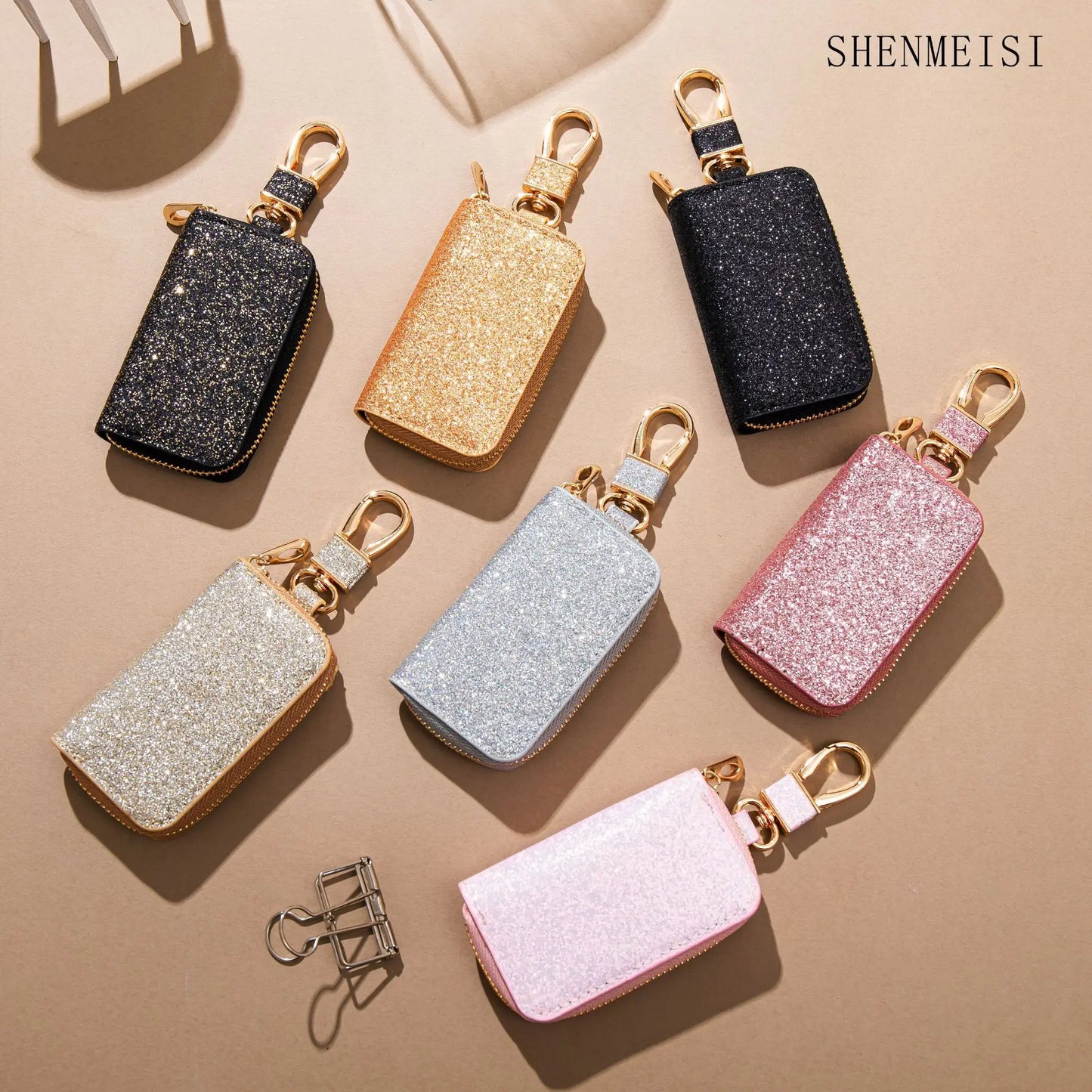 Mini Car Key Bag, Universal Key Storage, Star Sparkling Leather, Pendant Keychain, 8.7*5.5CM