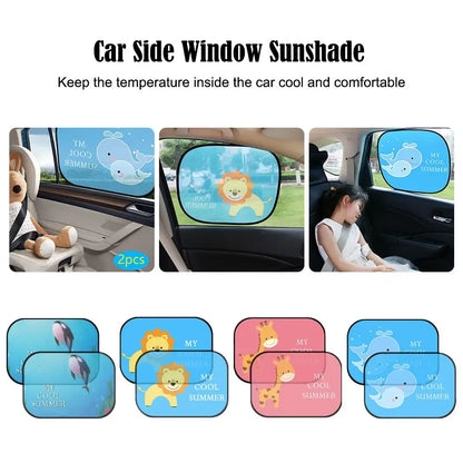 2PCS Foldable Cartoon Car Sunshade for Baby Kids, UV Protection Curtain, Universal Fit