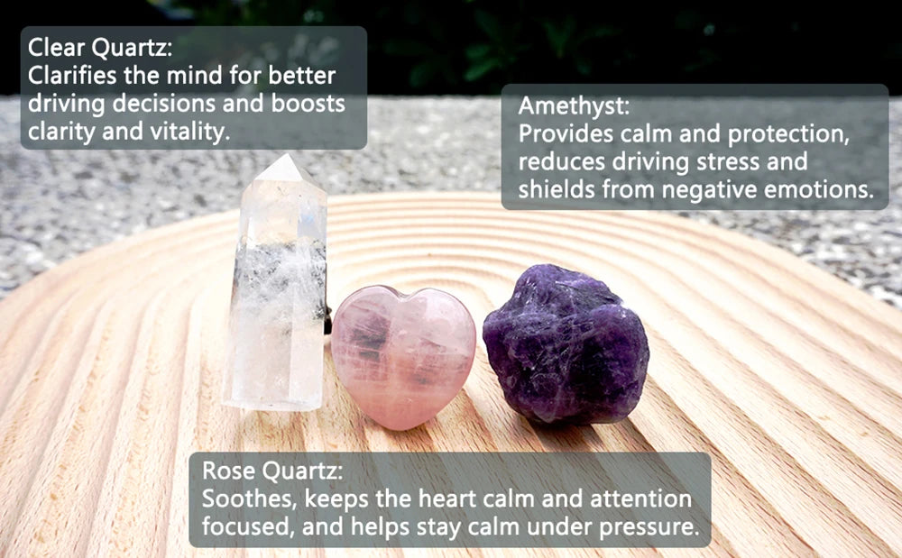 3Pcs Natural Crystal Car Air Vent Decor – Amethyst & Rose Quartz Clip Set