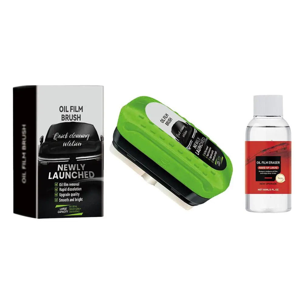 2025 Green Car Glass Oil Film Remover Kit - Powerful Windshield Cleaner & Waterproofing Brush