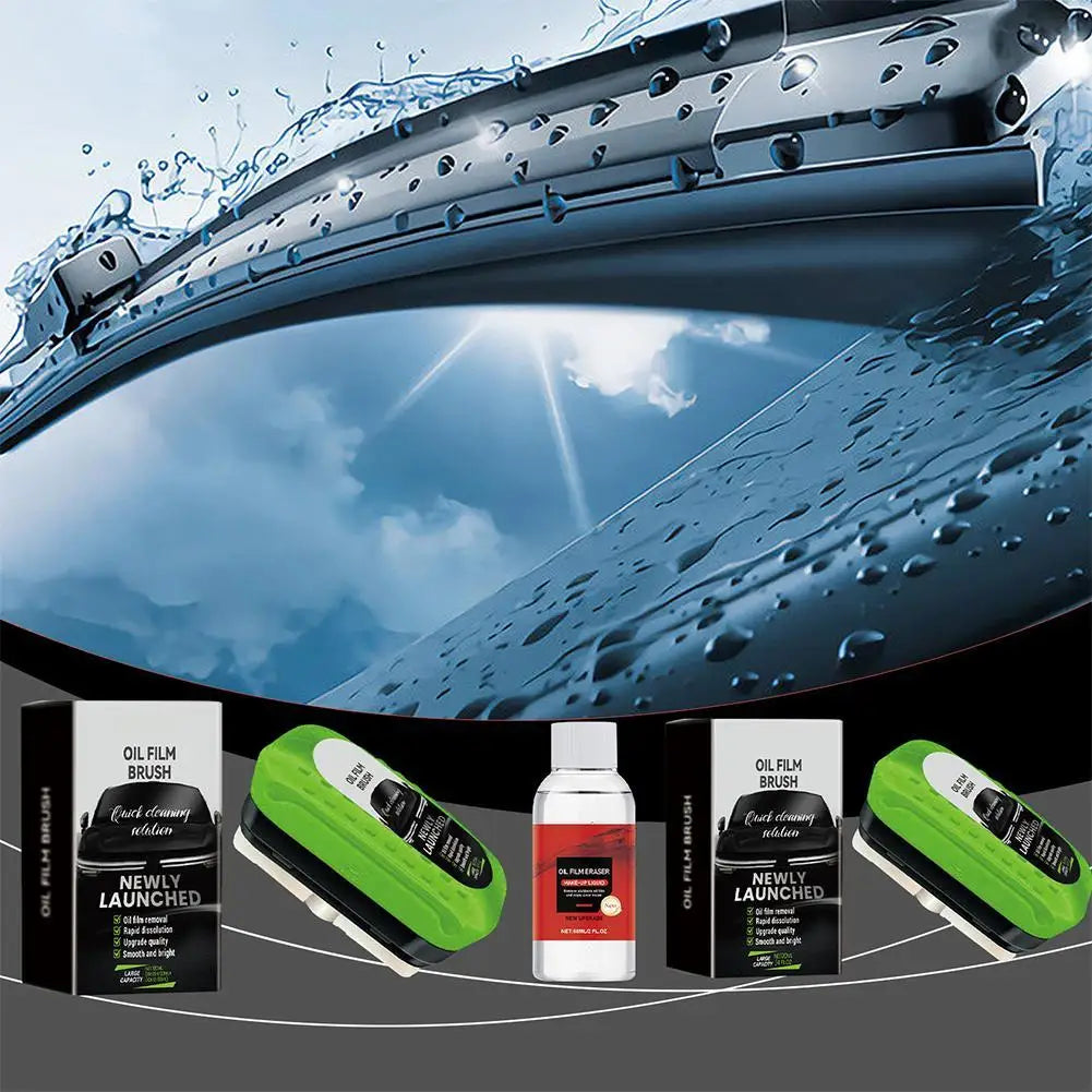 2025 Green Car Glass Oil Film Remover Kit - Powerful Windshield Cleaner & Waterproofing Brush