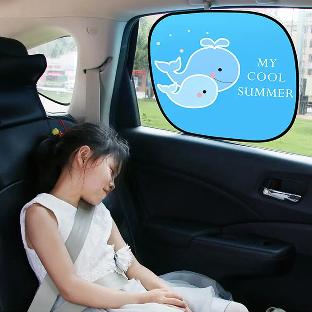 2PCS Foldable Cartoon Car Sunshade for Baby Kids, UV Protection Curtain, Universal Fit