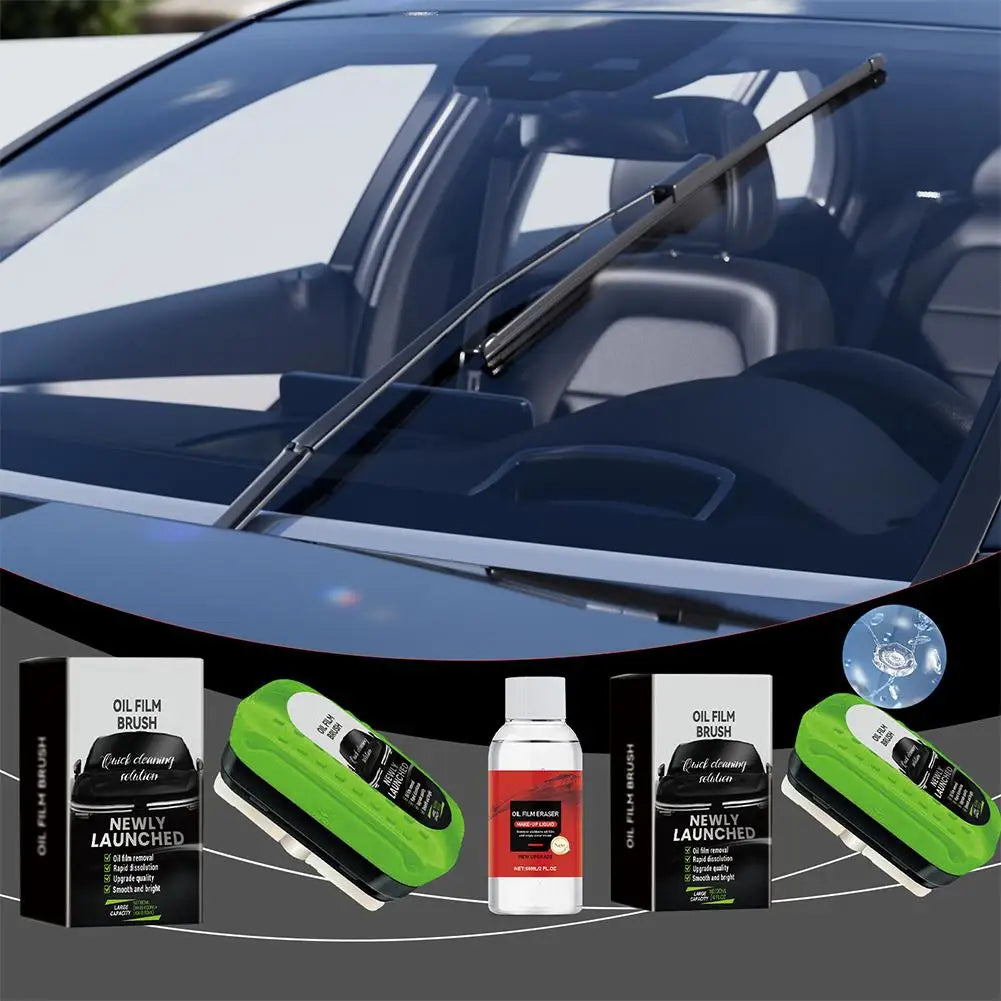 2025 Green Car Glass Oil Film Remover Kit - Powerful Windshield Cleaner & Waterproofing Brush